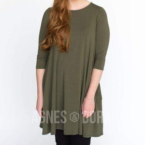 3/4 Sleeve Swing Tunic Dark Olive Solid